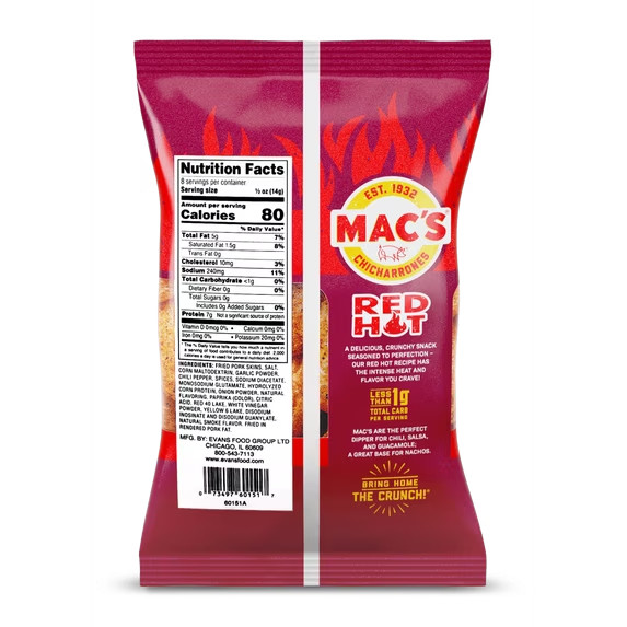 Mac's Hot Chicharrones Pork Rinds, Pork Skins, 4 oz Bag gallery