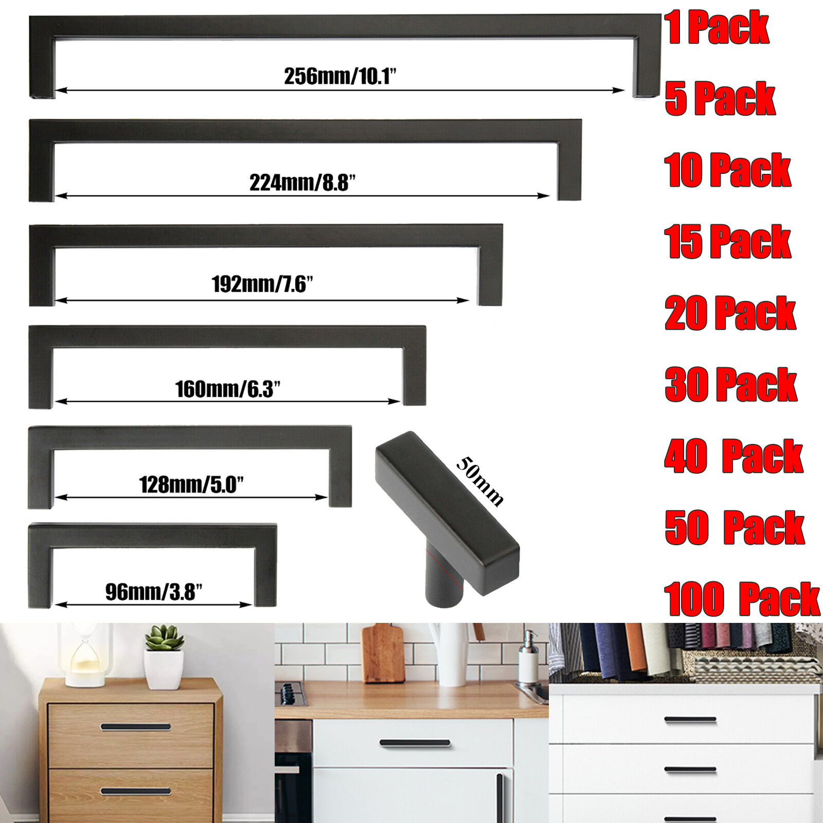 Square Modern Cabinet Handles Pulls Kitchen Drawer Stainless Steel Matte Black gallery
