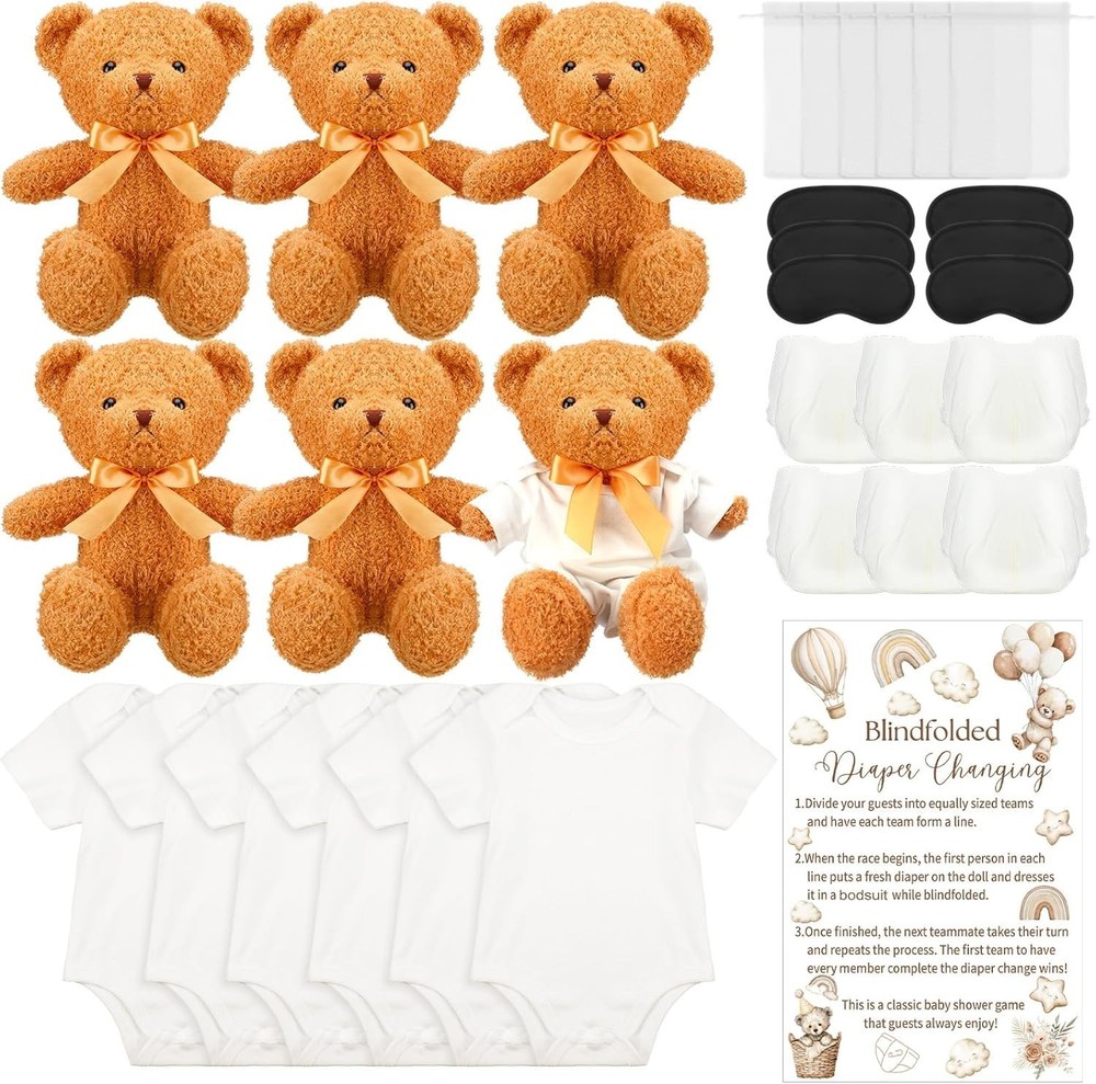 31 Pcs Bear Blindfolded Diaper Changing Baby Shower Game, 6 Sets 15.7 in Bears w