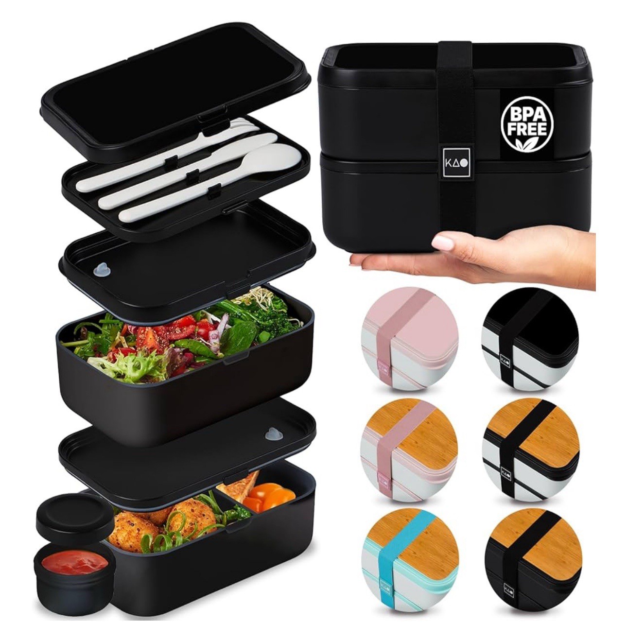 Double Premium Bento Box 67 fl oz Black Stackable Lunch Box Leak-Proof Dividers gallery