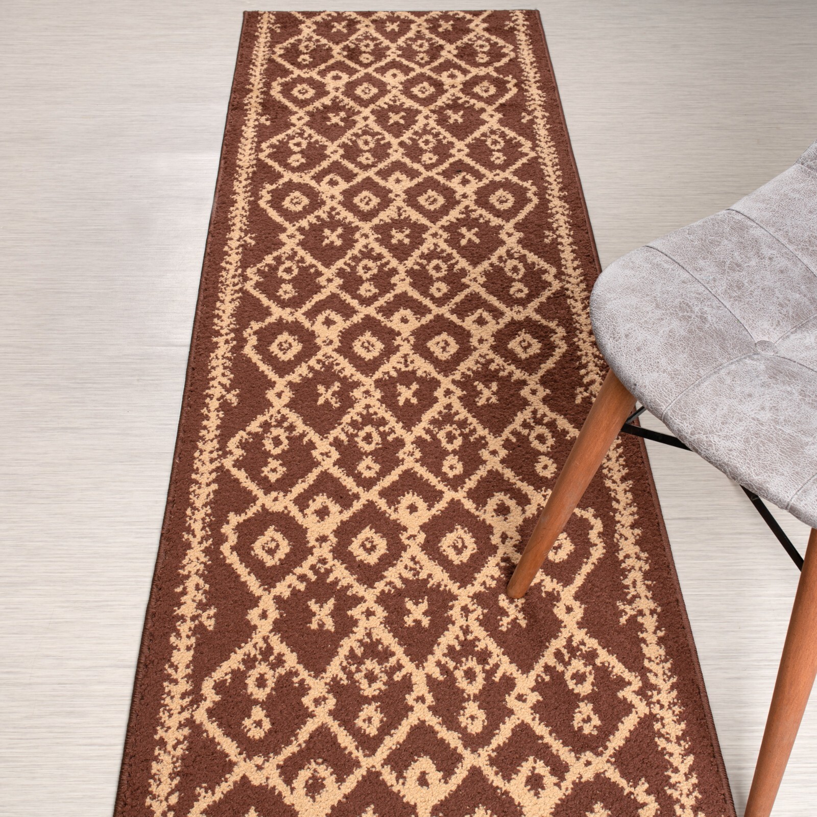 Custom Length Stair Hallway Runner Rug Non Slip Backing, Trellis Brown gallery