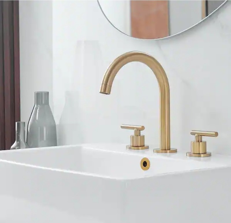 BWE Widespread Double Handle High-Arc Bathroom Faucet w/ Drain Kit Brushed Gold gallery