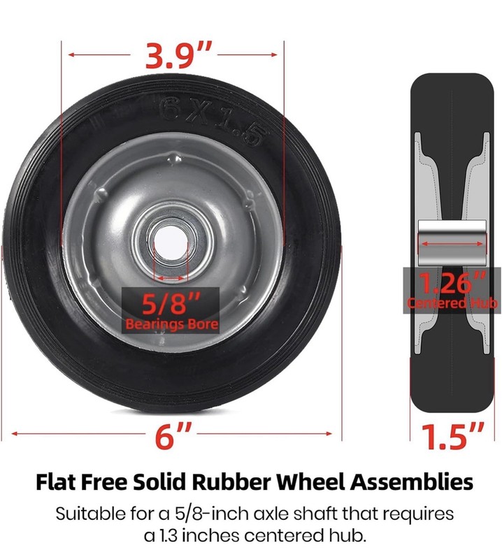 (2-Pack) 6” X 1.5” Flat Free Solid Rubber Wheel Assemblies - Replacement Hand T gallery