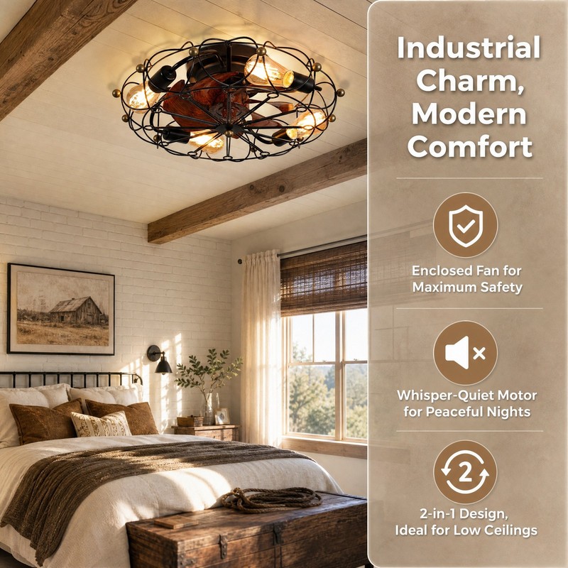 20'' Modern Caged Black Ceiling Fan with LED Light Flush Mount Remote Control gallery