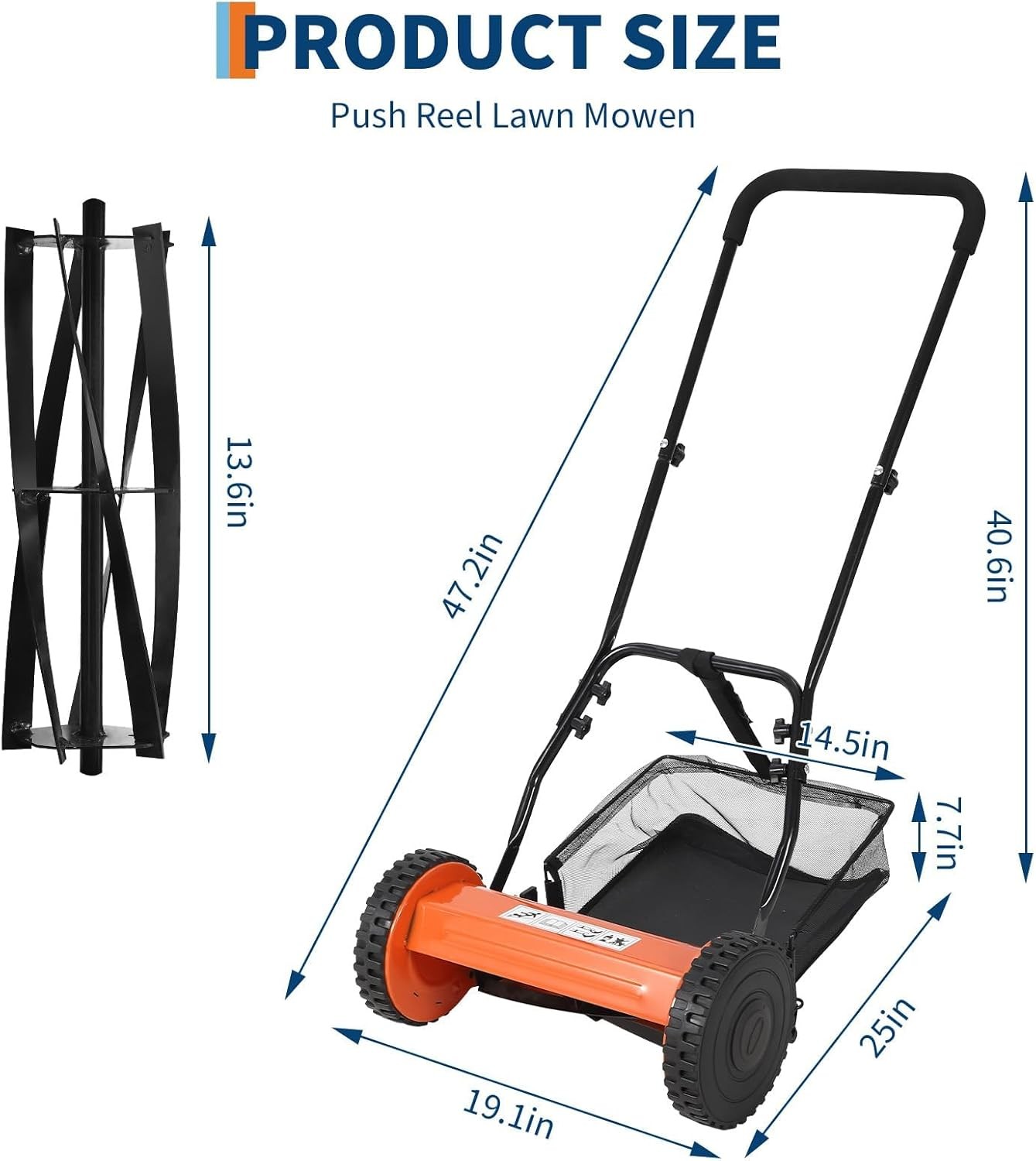 Manual Reel Lawn Mower,Walk-Behind Push Mower with Grass Bag & Adjustable Height gallery