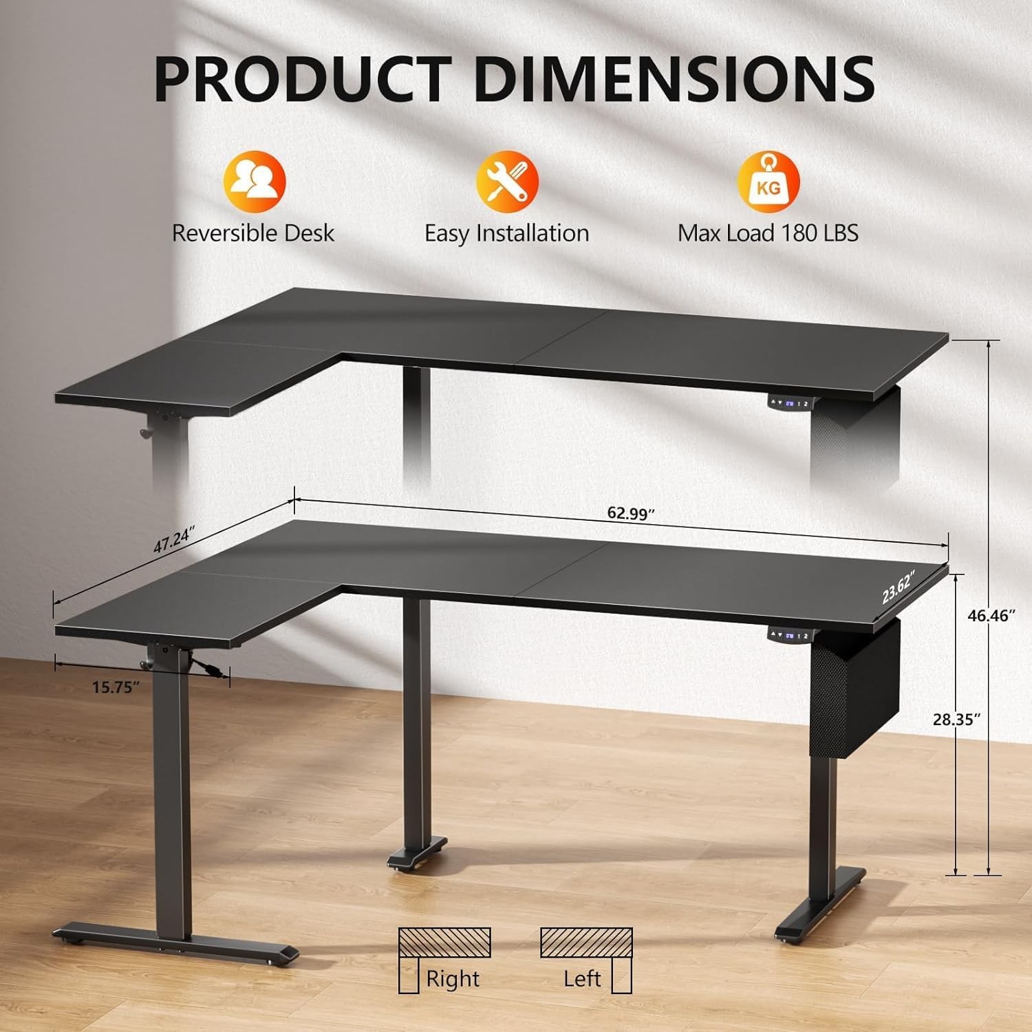 L Shaped Electric Standing Desk 63 Inch Adjustable Height Sit to Stand Corner gallery