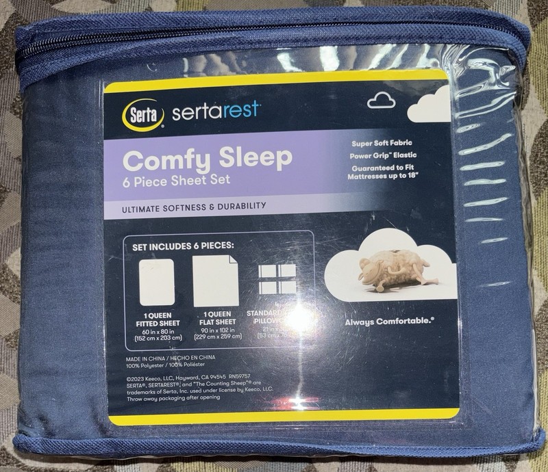 Serta Sertarest Comfy Sleep 6 Piece Sheet Set Queen Extra Wide Power Grip Navy gallery