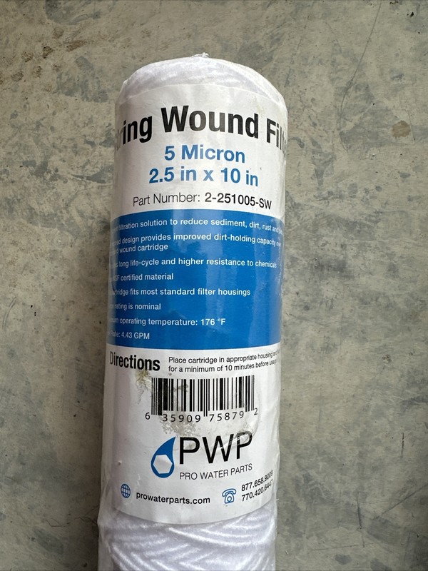 String Wound Sediment Water Filter Cartridge Standard 2.5x10" 5 Micron 2 Pack gallery