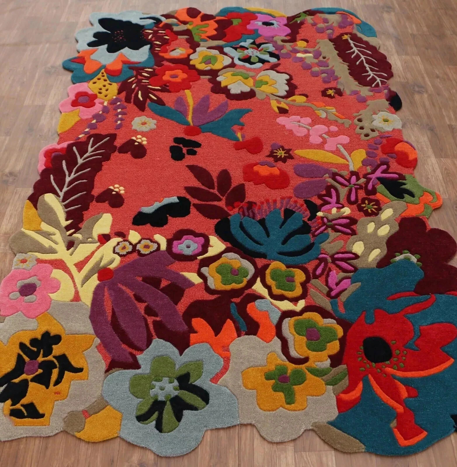 New Floral Red High & Low Pile Modern Hand-Tufted 100% Wool Area Rug Carpet gallery