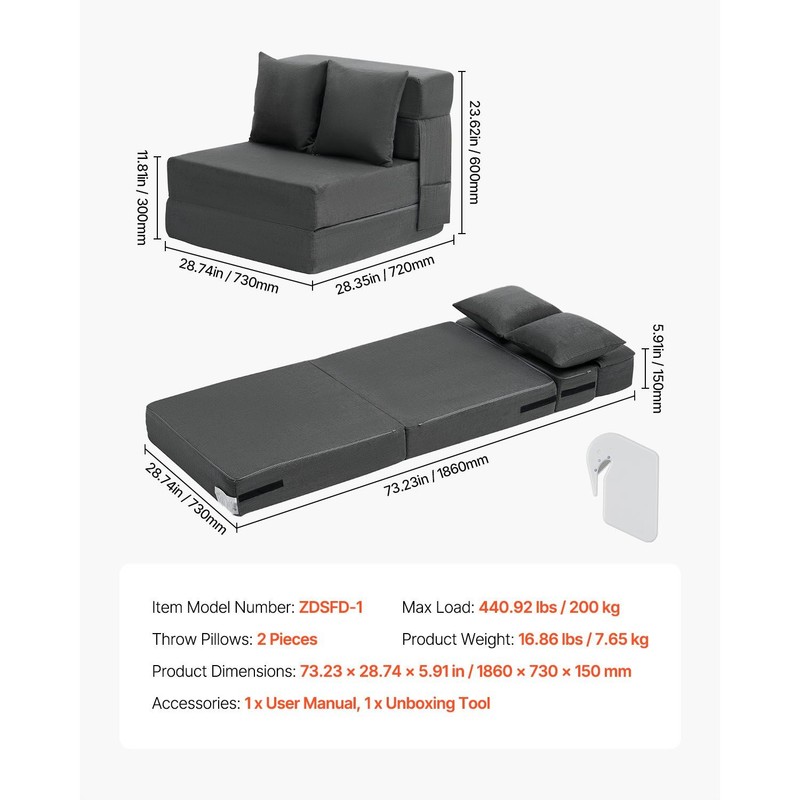 Folding Sofa Bed,3-in-1 Foldable Couch Bed with 2 Pillows and Washable Cover,25D gallery