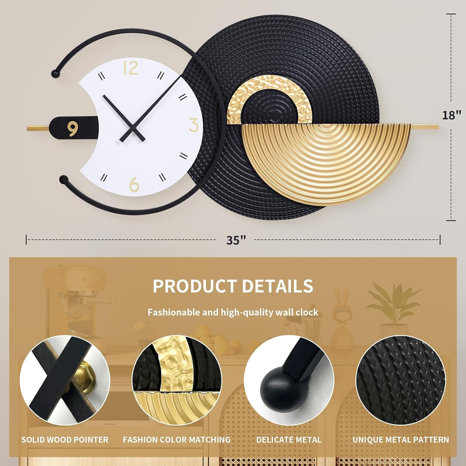 35×18 Inch Modern Abstract Metal Decor Wall Clock | silent non-ticking gallery