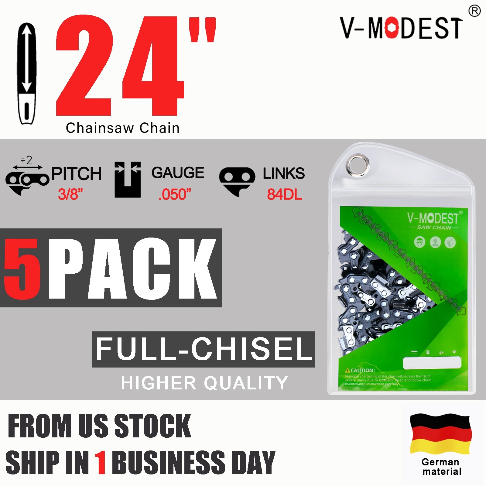5PACK 24-In Chainsaw Chain For Stihl Husqvarna Full Chisel 3/8 Gauge .050" 84DL gallery