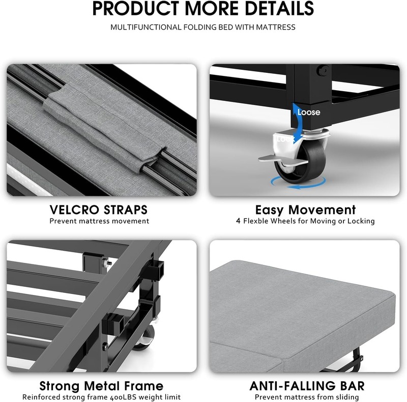 Foldable Rollaway Bed with Memory Foam Mattress & Sturdy Fold Up Metal Frame gallery