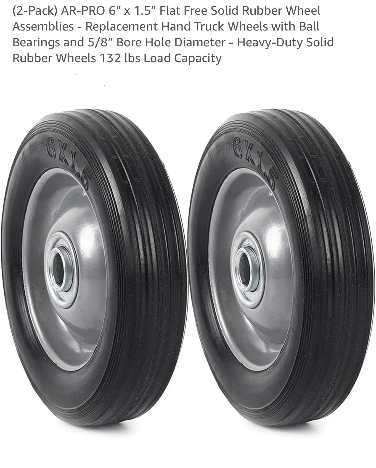 (2-Pack) 6” X 1.5” Flat Free Solid Rubber Wheel Assemblies - Replacement Hand T gallery