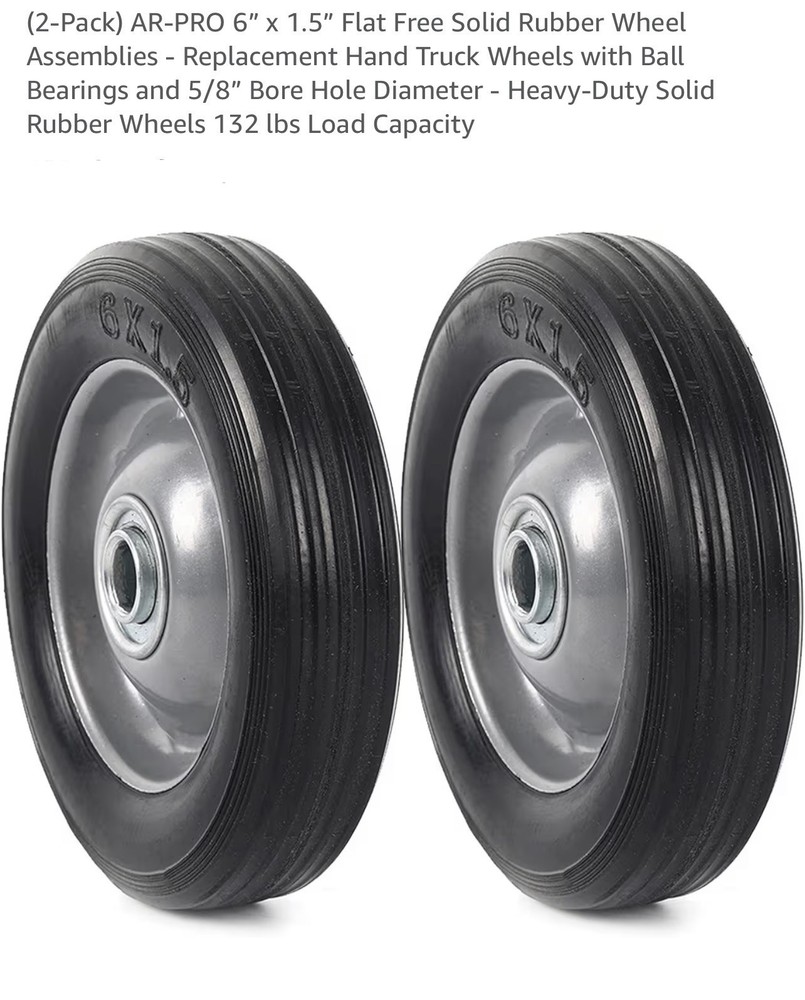 (2-Pack) 6” X 1.5” Flat Free Solid Rubber Wheel Assemblies - Replacement Hand T