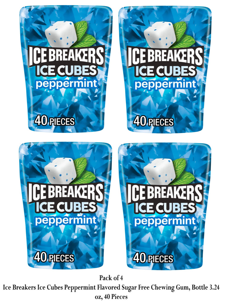 ICE BREAKERS Ice Cubes Peppermint Sugar Free Chewing Gum Bottle, 3.24oz (4 Pack)