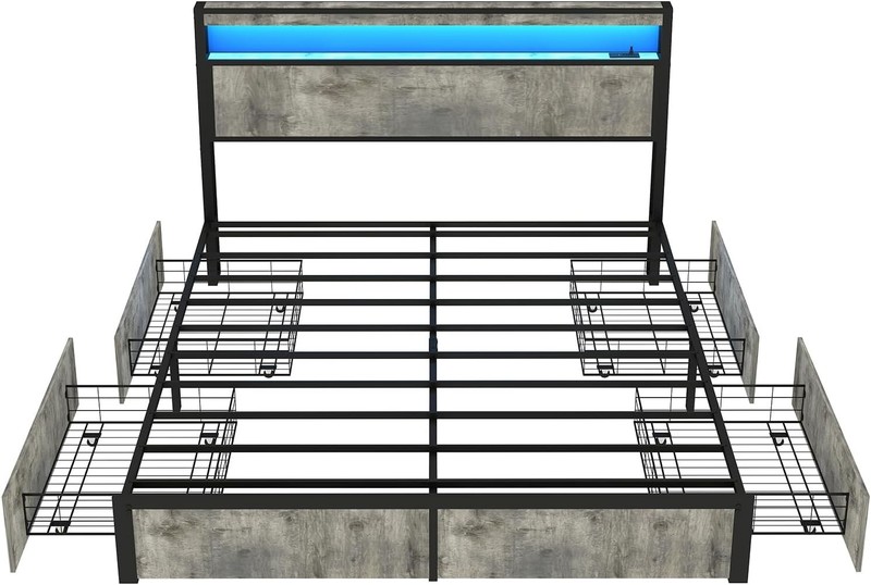 Full Queen King Bed Frame with Storage Headboard ,Charging Station & LED Lights gallery