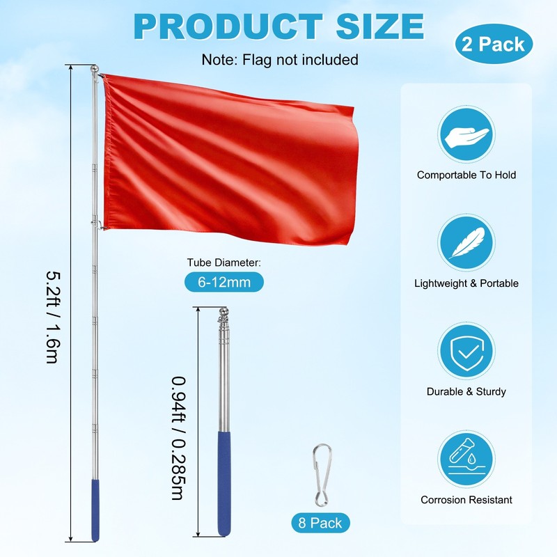 2-Pack Telescopic Handheld Flagpoles, 5.2ft/1.6m Stainless Steel Pole [Blue] gallery