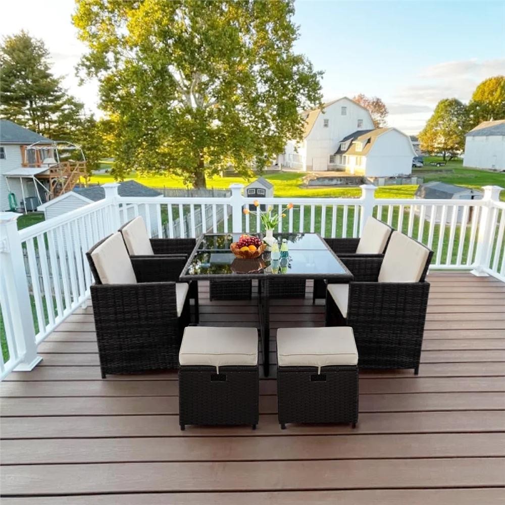 Renwick 9 Piece Patio Dining Set Outdoor Rattan Table Chairs & Ottomans Cushions gallery