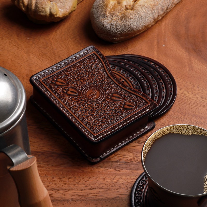 Tourbon Leather Drink Coasters Set with Holder 6 Pcs Round Cup Pads Barware Set gallery