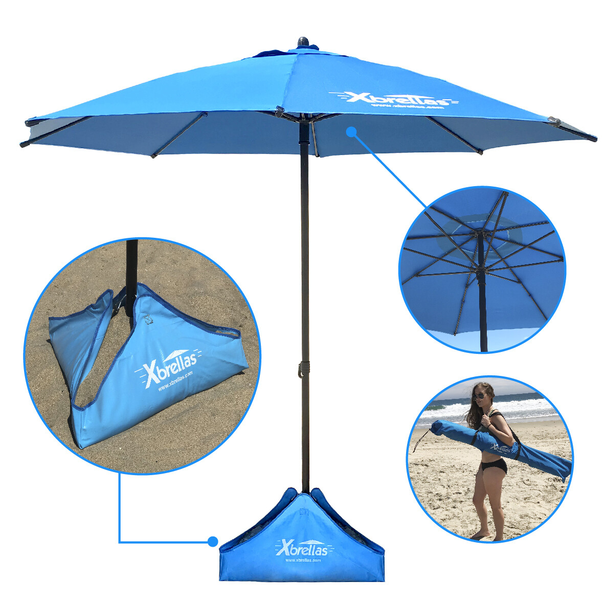 Xbrella - Wind Resistant Beach Umbrella – Sand Base - 7.5’ Round, Patent Pending gallery