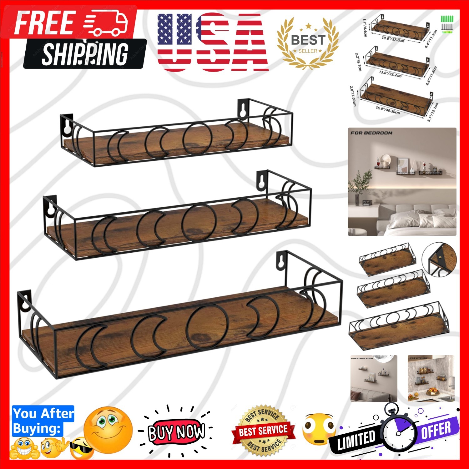 Floating Moon Phase Wall Shelves for Bedroom & Living Room - 3 Sizes Included gallery