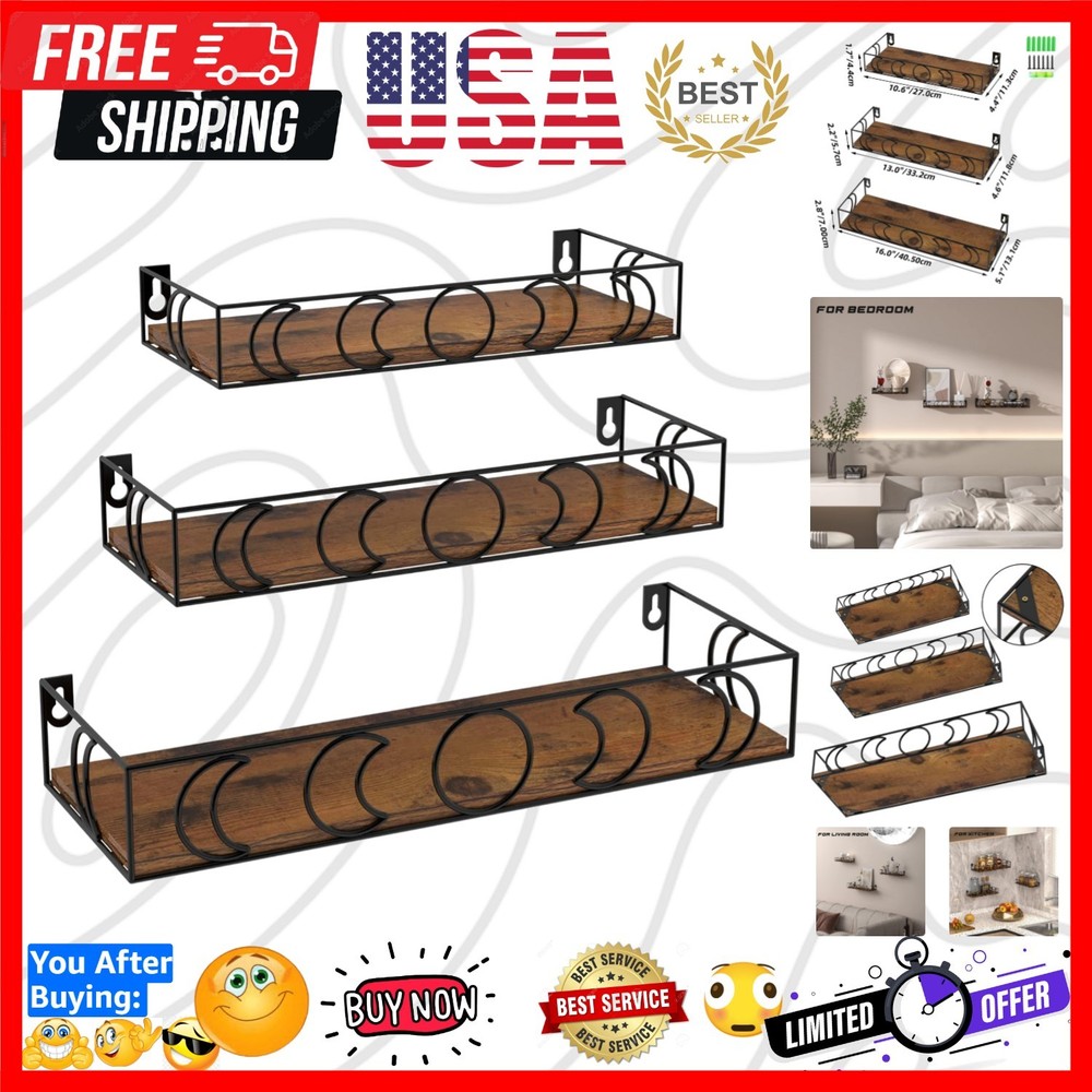 Floating Moon Phase Wall Shelves for Bedroom & Living Room - 3 Sizes Included