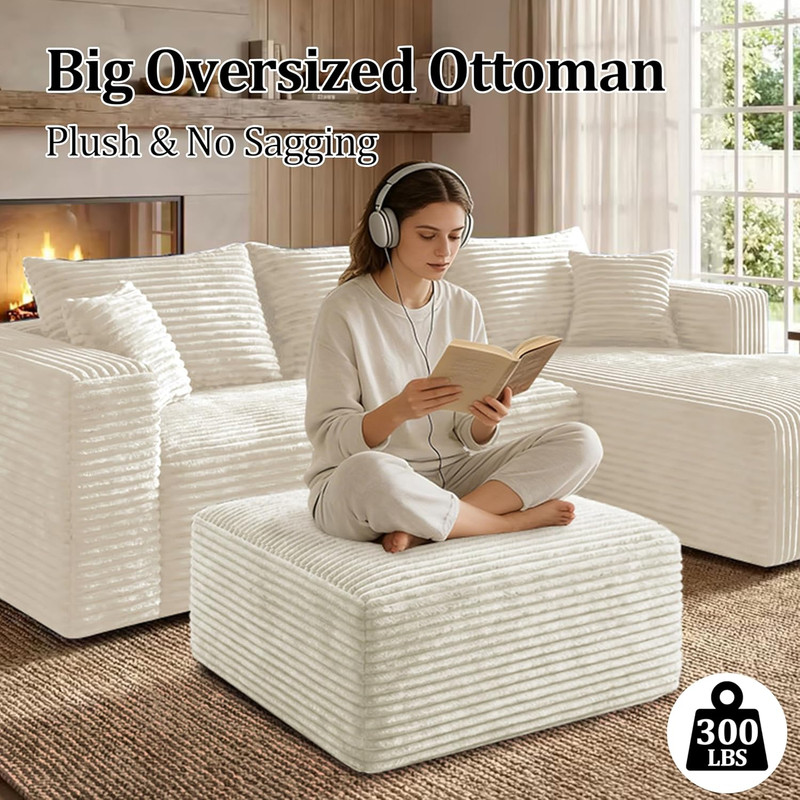 Beige Corduroy Ottoman - Modern Foam Foot Rest for Living Room & Bedroom gallery