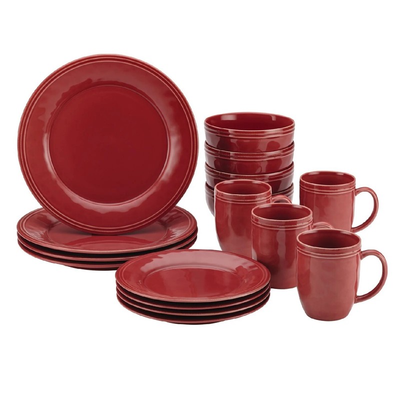 Dinnerware Set Red Stoneware Round 16 Piece Dinner Plate Bowl Mug Family Service gallery
