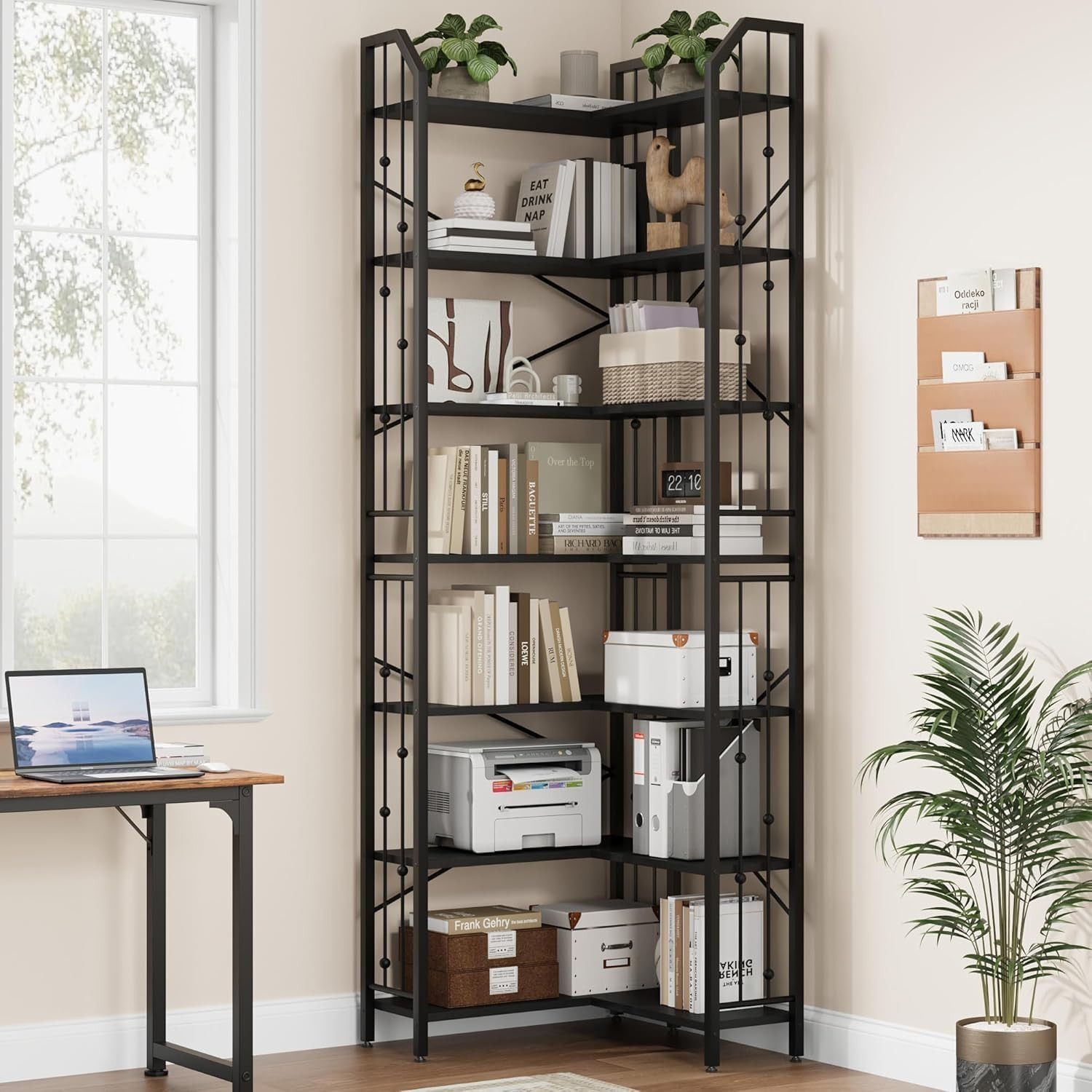 86" Industrial Corner Bookshelf - 7-Tier L-Shaped Metal & MDF Storage Shelf gallery