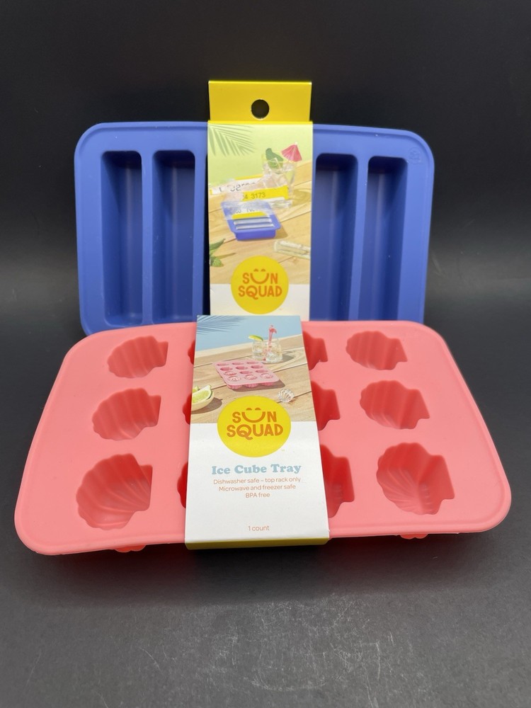 Sun Squad Rectangle & Shell Cube Ice MoldsSilicone Tray Blue & Pink