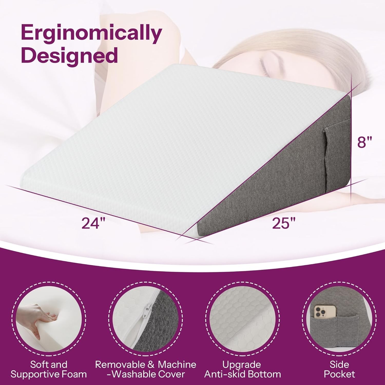 Wedge Pillow with Foam Top for Sleeping,Reading and Rest, 8 Inch Elevated Suppor gallery