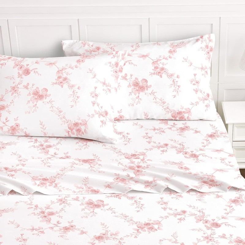 Wake In Cloud - Floral Bed Sheets, 4-Piece Sheet Set, Flower Shabby Chic Rose Pa gallery
