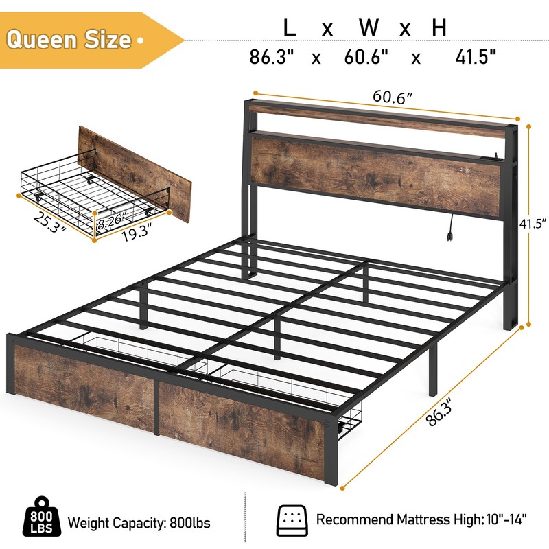 Full Queen Size Metal Platform Bed Frame with 2 Storage Drawers ＆Charging,LED,LP gallery