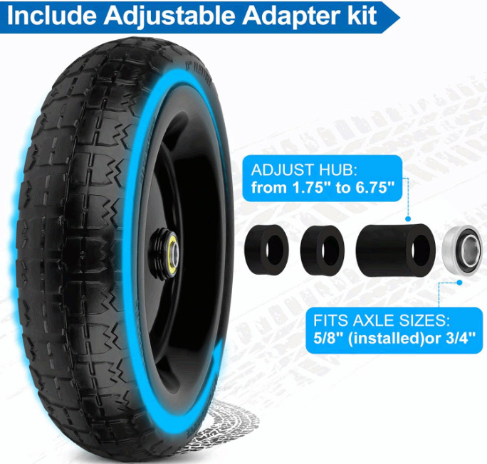 13" Flat Free Solid Tires 4.00-6, 5/8" Axle, Spacers & Pins, 4 Pack gallery