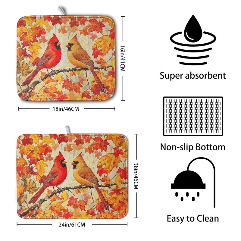 Kwlegh Fall Dish Drying Mat: Maple Leaf & Cardinal Bird Microfiber, 18x24" gallery