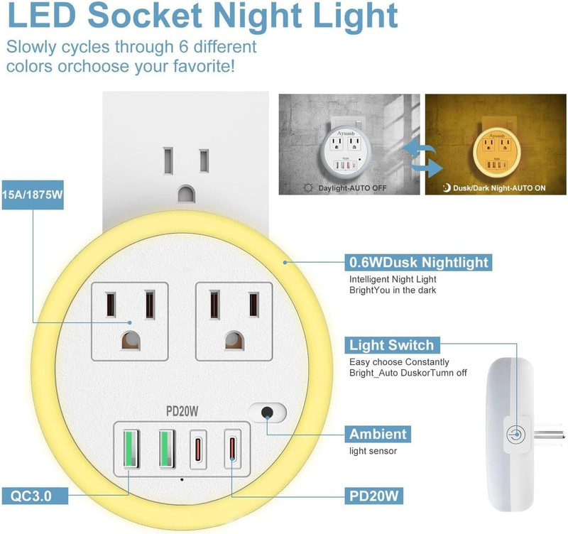 LED Night Lights Plug into Wall, Plug in Night Light with 4 USB Ports and 2 Outl gallery