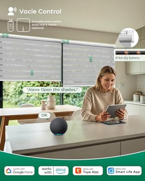 Motorized Zebra Blinds with Remote, Electric Dual-Layer 35"W x 72"H Gray gallery