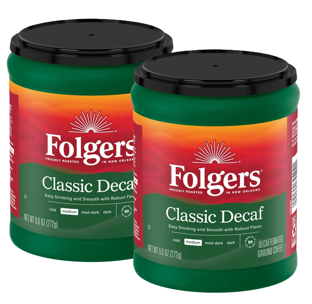 (2 Pack) Folgers Decaf Coffee Ground Coffee Classic Medium Roast 9.6 oz Canister