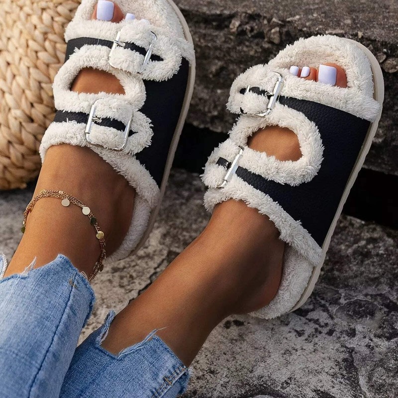 Double Buckle Plush Lined Platform Slippers gallery