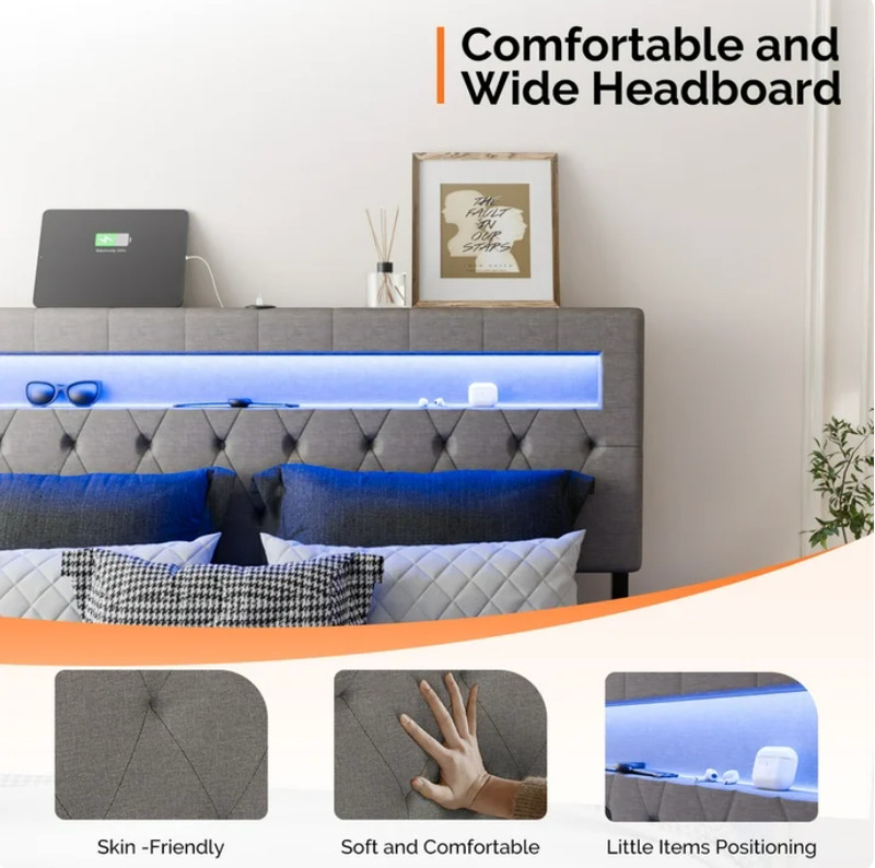 Full Floating Bed Frame w/ LED Cama Full con Luz LED Plataforma Gris NEW gallery