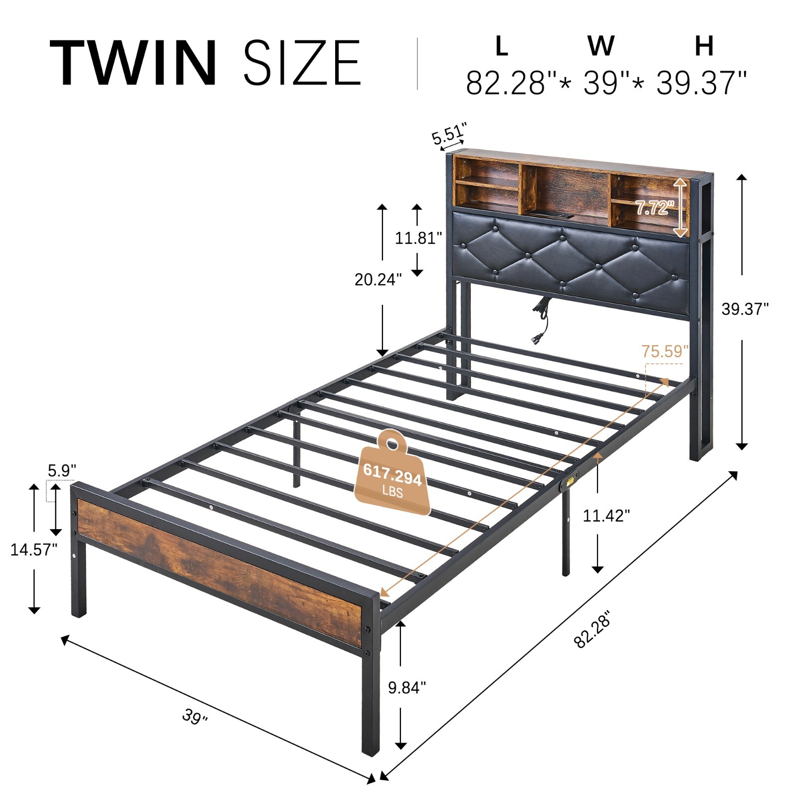 Twin Full Queen Size LED Bed Frame with Headboard Charging Station Storage Shelf gallery