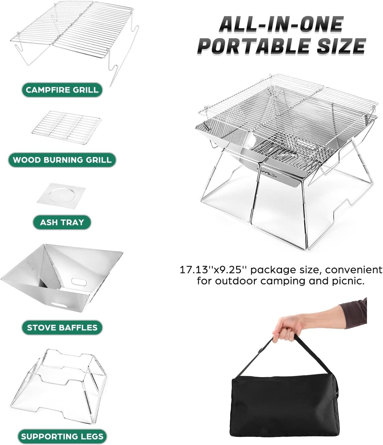 Folding Campfire Grill Portable Stainless Steel Camping BBQ Grate with Carry Bag gallery