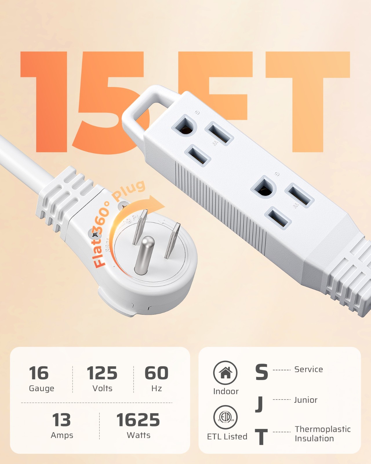 DEWENWILS 15FT 360° Rotating Flat Plug Extension Cord, 13A/125V/1625W SJT-3 gallery