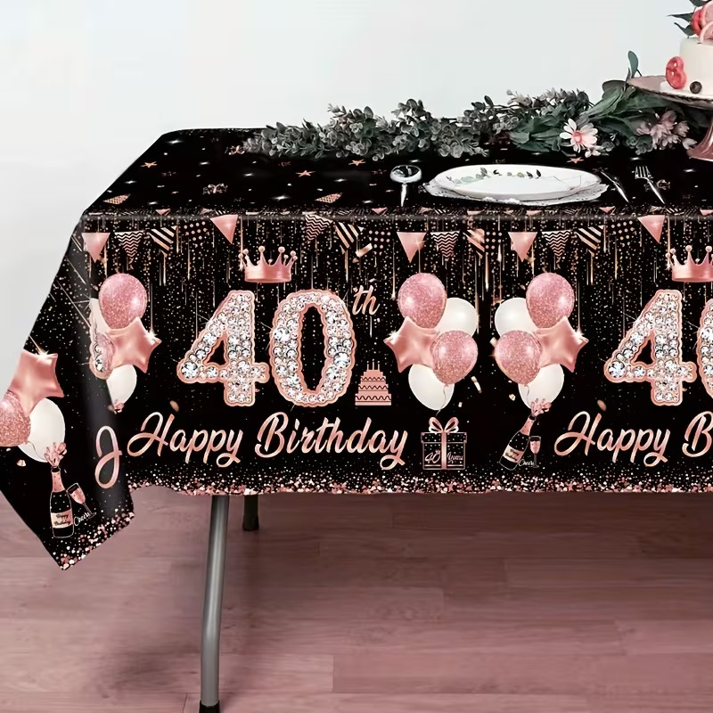 Disposable Black & Pink 40th Birthday Plastic Table Cloth 220x130cm gallery