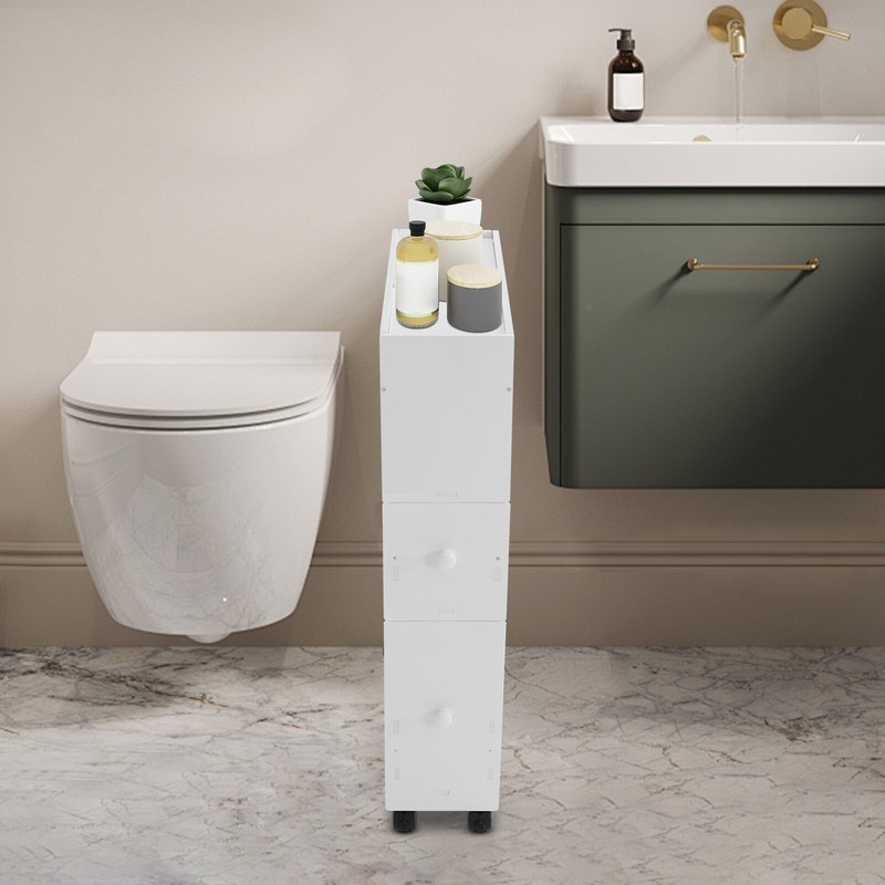 Bathroom Low Cabinet Narrow Slim Storage Tower Table Box With 2 Drawers & Wheels gallery