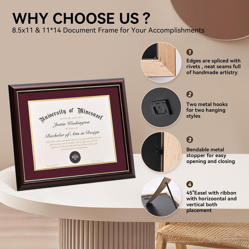 Solid Wood Diploma Frame 8.5 X 11 Certificate Frames with Maroon Mat or 11X14 Do gallery