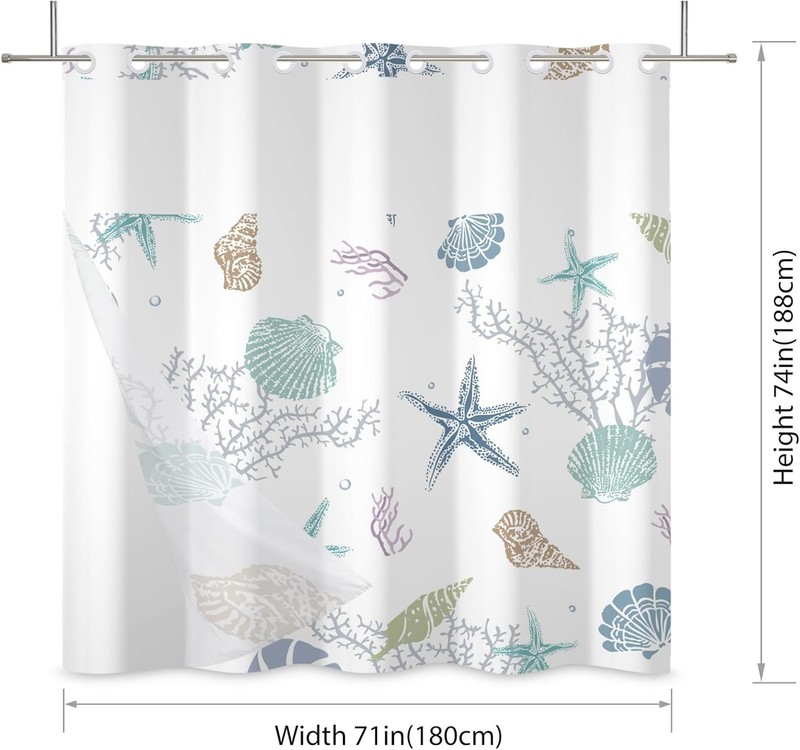 No Hook Shower Curtain,Ocean Theme Double-Layered Shower Curtain with Snap-in gallery