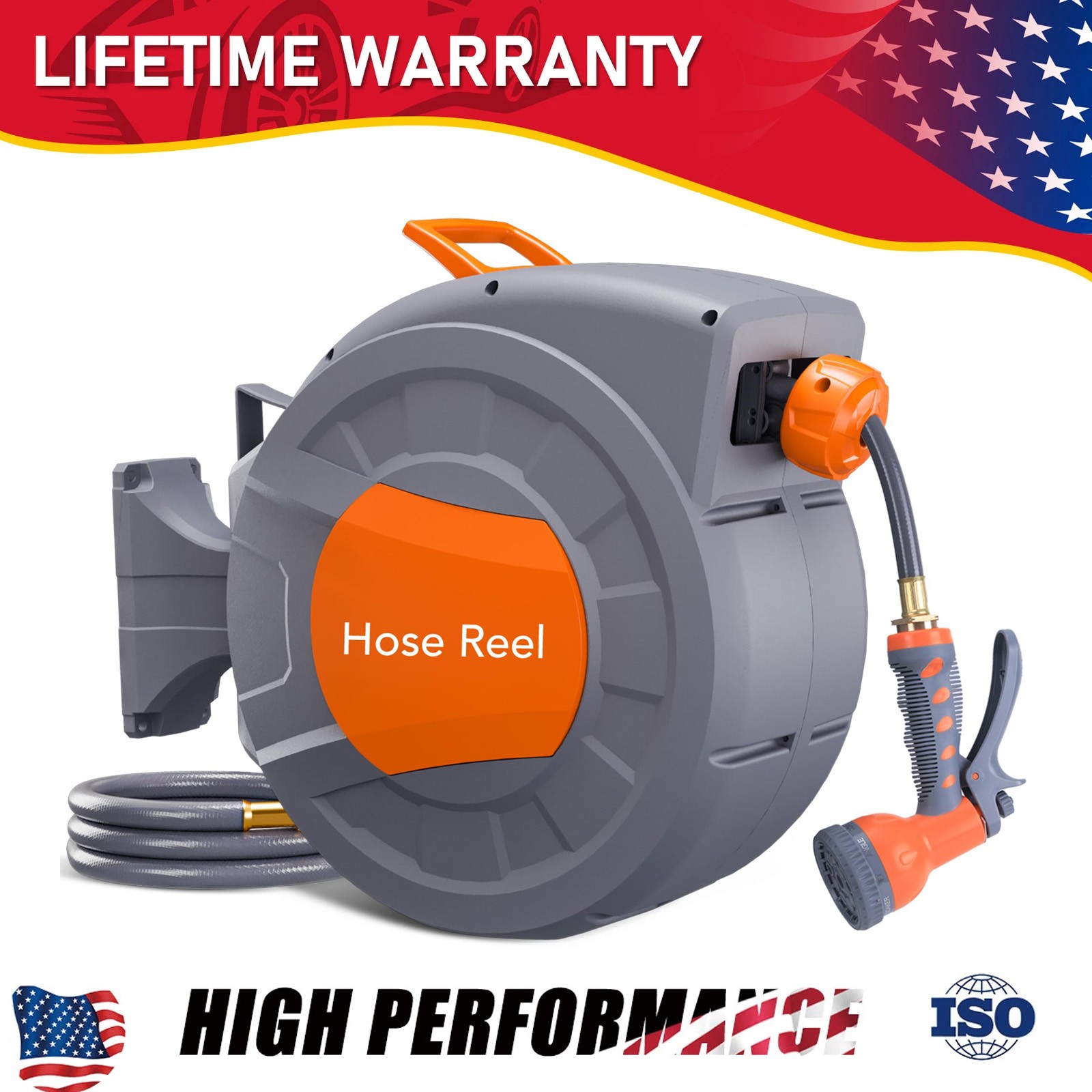 1/2 in X 100 Ft Retractable Garden Hose Reel , Wall Mounted, 9-Function Sprayer gallery