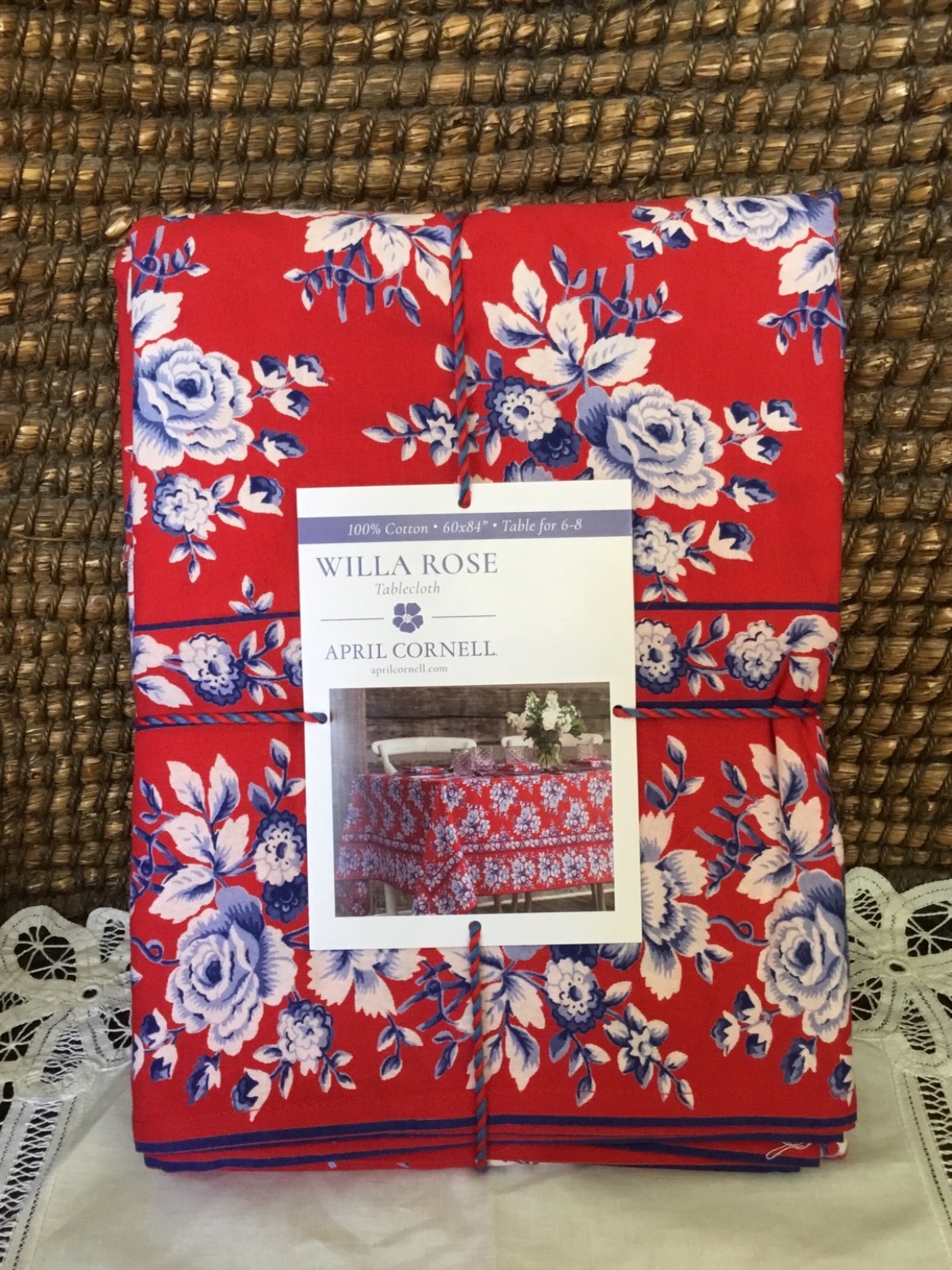 APRIL CORNELL Willa Rose Flower Tablecloth Cotton 60” x 84” Red/Blue/White NEW gallery